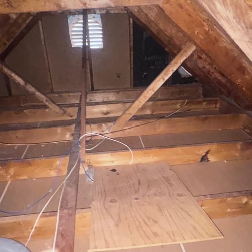 Seamless blanket of high-density blown-in insulation covering attic floor joists in a Georgia home.